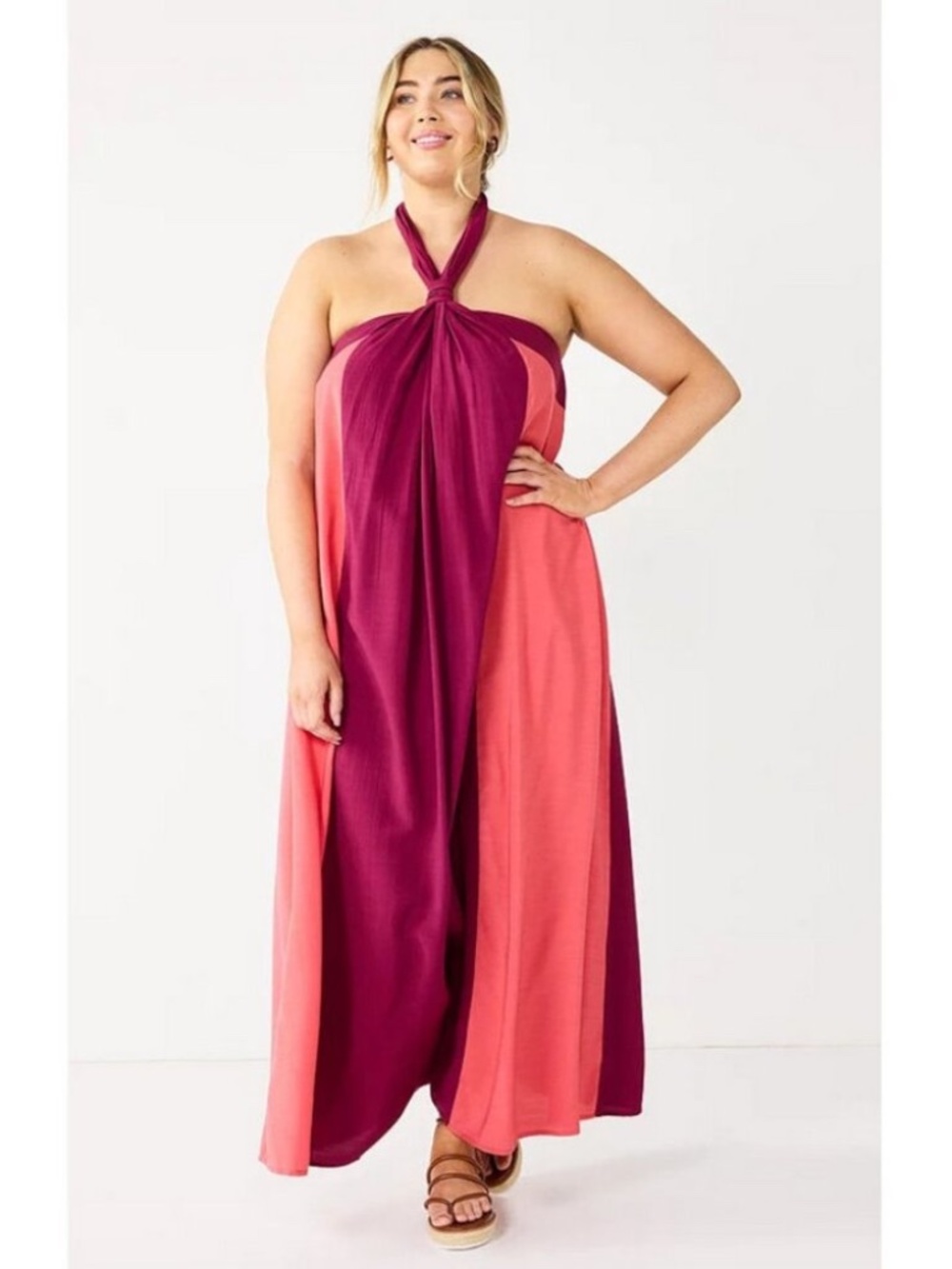 NWT Nine West pink and red halter maxi dress